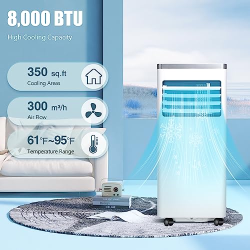 R.W.FLAME Portable Air Conditioner,8000 BTU Powerful Home AC Unit with Built-in Dehumidifier & Fan Mode,Cools 350 Sq.Ft,Functional Portable AC with Remote Control,24Hrs Timer,Installation Kit, White