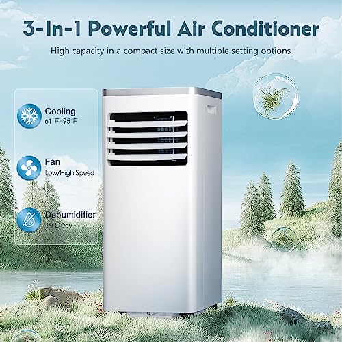 R.W.FLAME Portable Air Conditioner,8000 BTU Powerful Home AC Unit with Built-in Dehumidifier & Fan Mode,Cools 350 Sq.Ft,Functional Portable AC with Remote Control,24Hrs Timer,Installation Kit, White