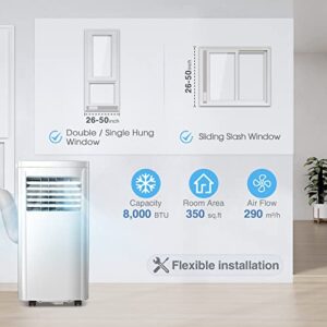 R.W.FLAME 8,000 BTU Portable Air Conditioner with Remote Control, Portable AC Unit for Room Up to 350 Sq.Ft, 3-in-1 Air Conditioner with Digital Display,24Hrs Timer,Installation Kit for Home, White