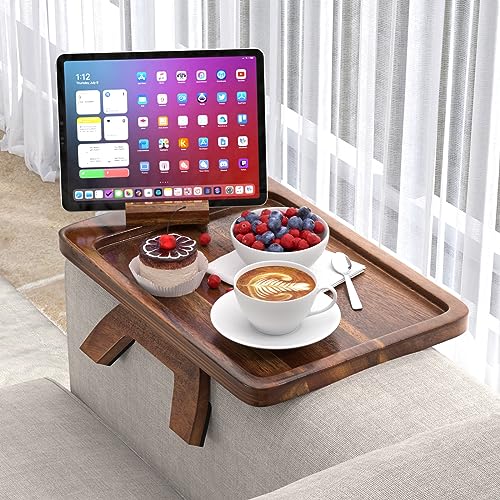 Acacia Wood Couch Arm Table, Sofa Arm Tray with 360° Rotating Holder, Sofa Arm Table for Couch, Couch Arm Tray, Sofa Armrest Tray, Ideal Gift for Eating and Drink