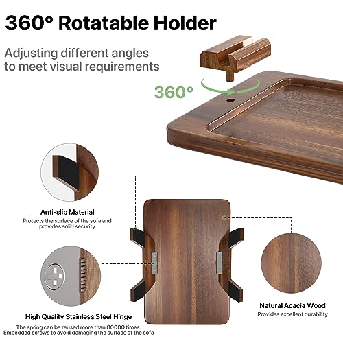 Acacia Wood Couch Arm Table, Sofa Arm Tray with 360° Rotating Holder, Sofa Arm Table for Couch, Couch Arm Tray, Sofa Armrest Tray, Ideal Gift for Eating and Drink