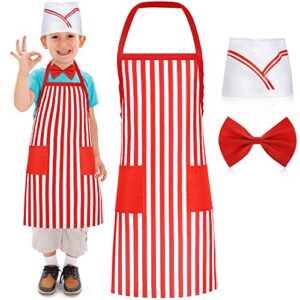 3 Pcs Kid Waiter Costume Kit Car Costume Red and White Striped Apron for Kids Adjustable Bib Aprons with 2 Pockets Soda Jerk Chef Hat Adjustable Red Bow Ties for Kids 1950s Dinner Cosplay Dress Party