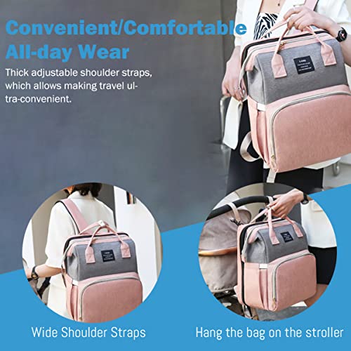 SALIFA Diaper Bag Backpack with Changing Station, Foldable Baby Diaper Bags Large Capacity Waterproof USB Charging Port, Mummy Bag for Baby Boy Girl, Pink