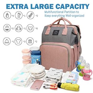 SALIFA Diaper Bag Backpack with Changing Station, Foldable Baby Diaper Bags Large Capacity Waterproof USB Charging Port, Mummy Bag for Baby Boy Girl, Pink