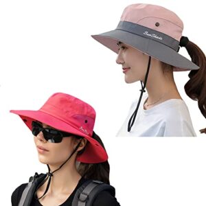 npjy 2 packs ponytail sun hat for women 3” wide brim upf 50+ fishing & bucket & beach hats pink/grey+watermelon (ponytail hole)
