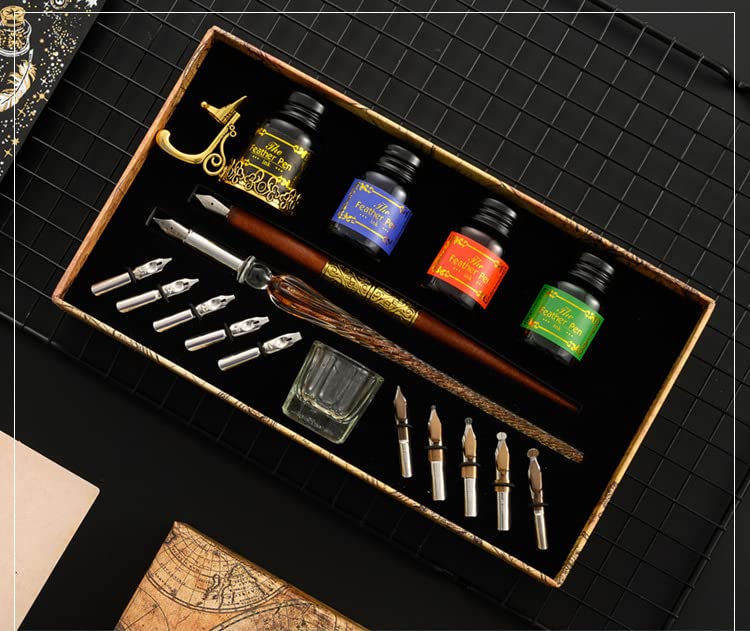 Fountain Pen Set - Calligraphy Pen Set Includes Wooden & Glass Pen - Ink & Pen Nibs