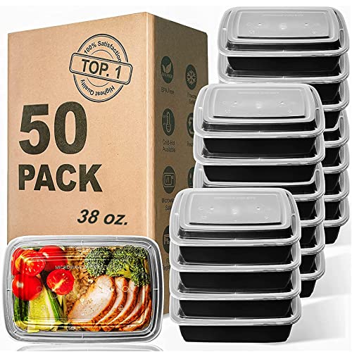 Meal Prep Containers, 50Pack [38OZ] Food Storage Containers With Lids, Reusable Food Prep Containers, To Go Containers With Lids, BPA-free, Stackable, Microwave/Dishwasher/Freezer Safe