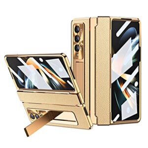 hinge protection case for samsung galaxy z fold 3 5g with pen holder,luxury plating built-in screen protector dustproof shockproof case cover compatible with samsung galaxy z fold 3 5g(gold+gold)
