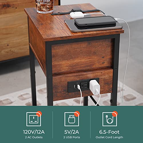 Yoobure Nightstand with Charging Station, Side Table End Table with Large Drawer and Storage Shelf, Bed Side Table/Night Stand with USB Ports & Outlets, Rustic Bedside Tables for Bedroom, Living Room