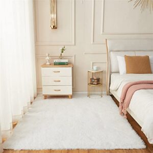 AMTOVO Shag Area Rugs for Bedroom, White Fluffy Rug Plush Living Room Carpet 8 x 10 Feet, Indoor Modern Plush Area Rugs, Fuzzy Nursery Shaggy Rugs for Kids Room