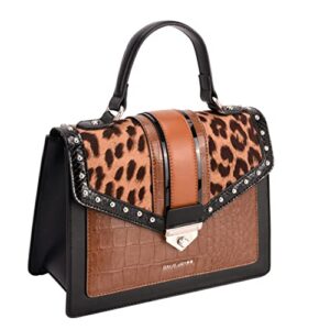 david jones leopard print women fashion stud satchel top handle bag-brown/black