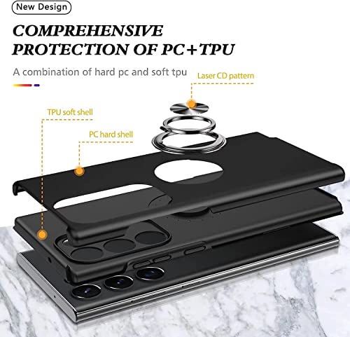 YRMJK S23 Ultra Case, Built in 2 Screen TPU Protectors + 2 Camera Lens Protector,Military Grade,3D Full Cover with Kickstand Ring Case for Samsung Galaxy S23 Ultra 5G Black