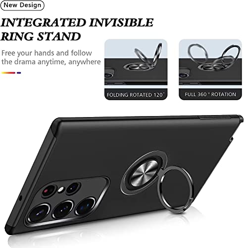 YRMJK S23 Ultra Case, Built in 2 Screen TPU Protectors + 2 Camera Lens Protector,Military Grade,3D Full Cover with Kickstand Ring Case for Samsung Galaxy S23 Ultra 5G Black
