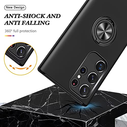 YRMJK S23 Ultra Case, Built in 2 Screen TPU Protectors + 2 Camera Lens Protector,Military Grade,3D Full Cover with Kickstand Ring Case for Samsung Galaxy S23 Ultra 5G Black