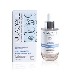 nua cell hyaluronic 5 panthenol b5 serum, 5 hydro complex + recovery serum, for home aesthetic cosmetics, daily intense hydration for dehydrated skin from korea, 2fl.oz, liposome cell system
