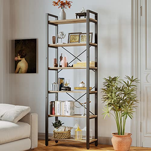 IRONCK Bookshelf 6-Tier Ladder Shelf 110lbs/shelf Vintage Industrial Style Bookcase for Home Decor, Office Decor