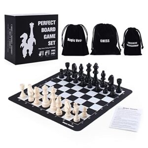 magic vosom chess sets, travel chess 15" x 15" 3 in 1 chess, checkers, backgammon set, standard chess pieces and chips set of silicone board, beginner chess set for kids, adults