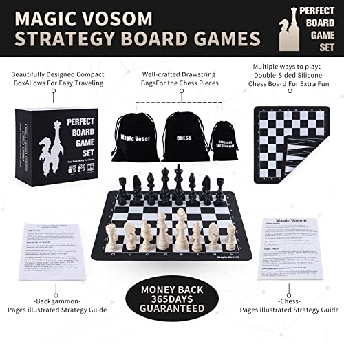 Magic Vosom Chess Sets, Travel Chess 15" x 15" 3 in 1 Chess, Checkers, Backgammon Set, Standard Chess Pieces and Chips Set of Silicone Board, Beginner Chess Set for Kids, Adults