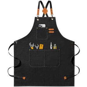 riqiaqia chef apron for women men, cotton canvas cross back apron with adjustable strap and large pockets (black)