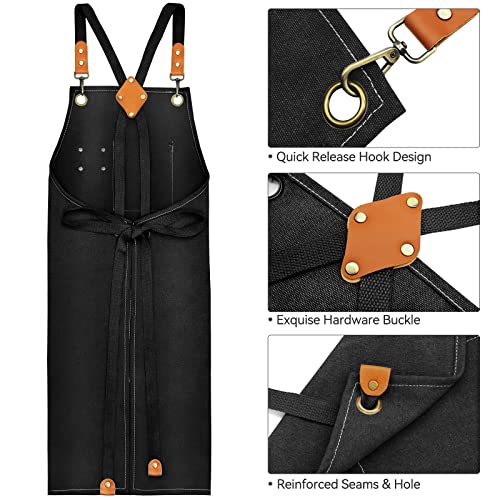 Riqiaqia Chef Apron for Women Men, Cotton Canvas Cross Back Apron with Adjustable Strap and Large Pockets (black)