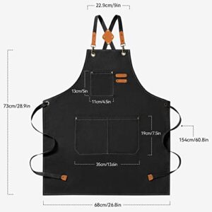 Riqiaqia Chef Apron for Women Men, Cotton Canvas Cross Back Apron with Adjustable Strap and Large Pockets (black)