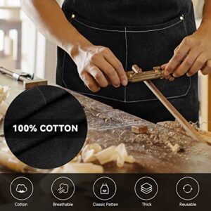 Riqiaqia Chef Apron for Women Men, Cotton Canvas Cross Back Apron with Adjustable Strap and Large Pockets (black)