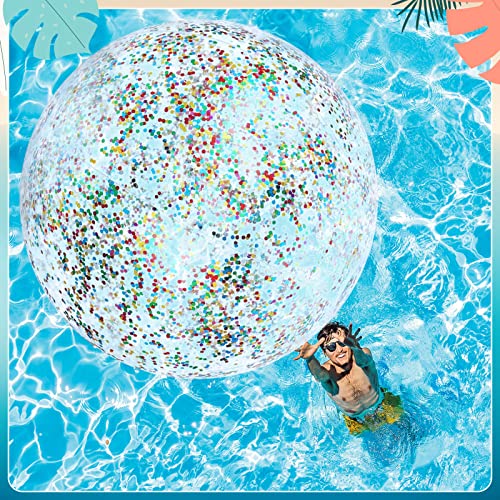 Leitee Giant Sequins Beach Ball 5 FT Huge Confetti Glitters Inflatable Clear Beach Ball Oversized Blow up Plastic Inflatable Balls for Summer Swimming Pool Party Favors and Massive Water Games (5 Ft)