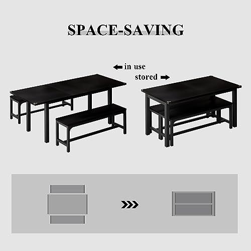 iPormis 3-Piece Dining Table Set for 4-8, 63" Extendable Kitchen Table with 2 Benches, Dining Room Table Set with Metal Frame & Wooden Board, Easy Clean, Black