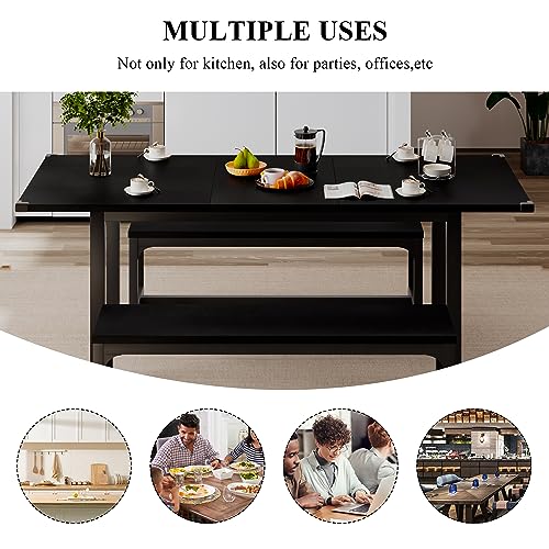 iPormis 3-Piece Dining Table Set for 4-8, 63" Extendable Kitchen Table with 2 Benches, Dining Room Table Set with Metal Frame & Wooden Board, Easy Clean, Black