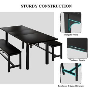 iPormis 3-Piece Dining Table Set for 4-8, 63" Extendable Kitchen Table with 2 Benches, Dining Room Table Set with Metal Frame & Wooden Board, Easy Clean, Black