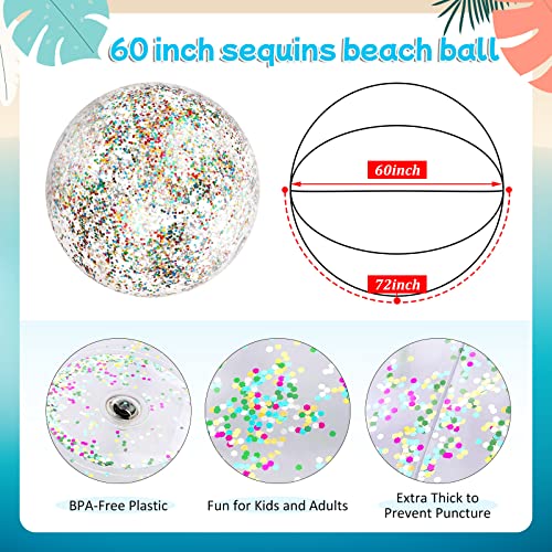 Leitee Giant Sequins Beach Ball 5 FT Huge Confetti Glitters Inflatable Clear Beach Ball Oversized Blow up Plastic Inflatable Balls for Summer Swimming Pool Party Favors and Massive Water Games (5 Ft)