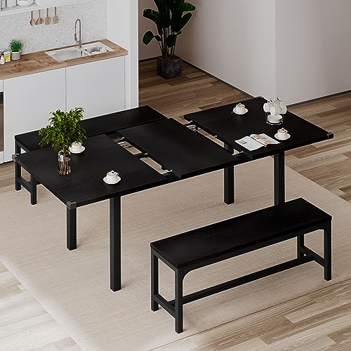 iPormis 3-Piece Dining Table Set for 4-8, 63" Extendable Kitchen Table with 2 Benches, Dining Room Table Set with Metal Frame & Wooden Board, Easy Clean, Black