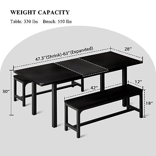 iPormis 3-Piece Dining Table Set for 4-8, 63" Extendable Kitchen Table with 2 Benches, Dining Room Table Set with Metal Frame & Wooden Board, Easy Clean, Black