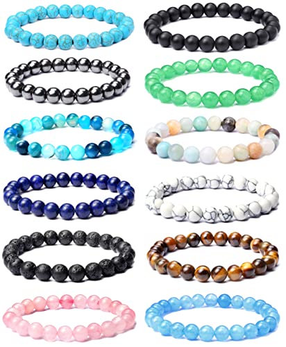 Leocuci 12PCS 8mm Semi-precious Beaded Bracelets for Men Women Healing Stretch Round Bead Crystal Gemstones Bracelets