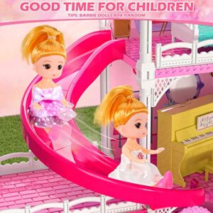 Doll House, Dream House Furniture Pink Girl Toys, 4 Stories 10 Rooms Dollhouse with 2 Princesses Slide Accessories, Toddler Playhouse Gift for for 3 4 5 6 7 8 9 10 Year Old Girls Toys