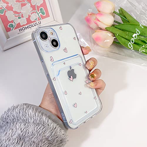 NITITOP Compatible for iPhone 13 Case Clear with Card Holder, Cute Heart Pattern Love Design for Women Girl, Protective Soft TPU Shock-Absorbing Wallet Case for iPhone 13-Pink Heart