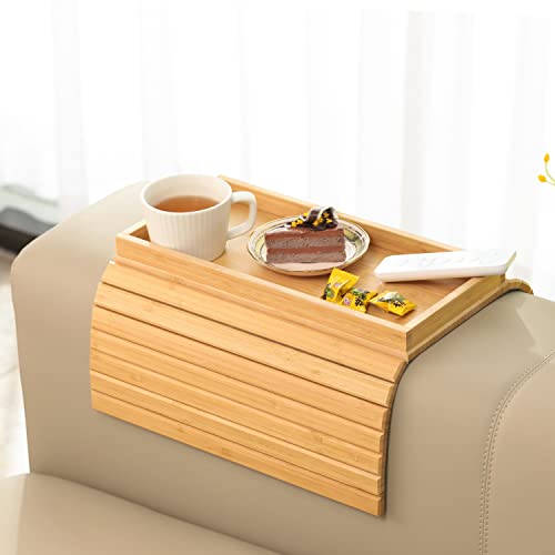 GEHE Sofa Arm Tray Bamboo Sofa Tray Table for Couch, Sofa Armrest Tray Table Anti-Slip Arm Table Clip On Tray Sofa Table, Couch Cup Holder for Snacks,Phone,Control,Cups,Flexible and Foldable