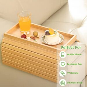 GEHE Sofa Arm Tray Bamboo Sofa Tray Table for Couch, Sofa Armrest Tray Table Anti-Slip Arm Table Clip On Tray Sofa Table, Couch Cup Holder for Snacks,Phone,Control,Cups,Flexible and Foldable