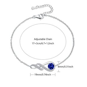 LOCIBLO September Birthstone Bracelets for Women Girls 925 Sterling Silver Blue Synthetic Sapphire Bracelet White Gold Infinity Pendant Anniversary Birthday Gifts Jewelry for Her, 6.7"+1.2"