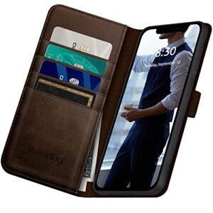 DuckSky for iPhone 13 Pro Max 6.7" Genuine Leather Wallet case【RFID Blocking】【4 Credit Card Holder】【Real Leather】 Flip Folio Book Protective Cover Women Men for Apple 13ProMax Phone case Brown