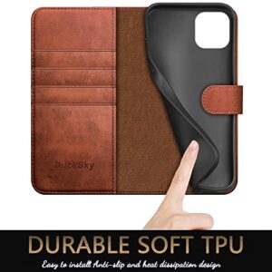 DuckSky for iPhone 13 6.1" Genuine Leather Wallet case 【RFID Blocking】【4 Credit Card Holder】【Real Leather】 Flip Folio Book Phone case Protective Cover Women Men for Apple 13 case Light Brown