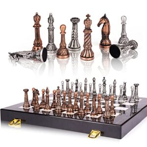 retro metal chess set for adults and kids – marbling chess board with chess pieces – travel chess set with metal pieces – folding chessboard – ideal for beginners and professional players…