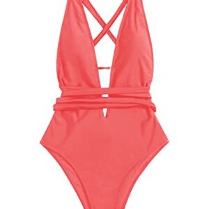 SweatyRocks Women's Sexy Basic Criss Cross Tie Knot Front Deep V Open Back One Piece Swimwear Watermelon Pink S