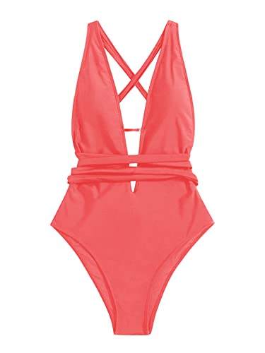 SweatyRocks Women's Sexy Basic Criss Cross Tie Knot Front Deep V Open Back One Piece Swimwear Watermelon Pink S