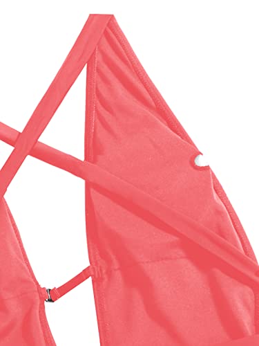 SweatyRocks Women's Sexy Basic Criss Cross Tie Knot Front Deep V Open Back One Piece Swimwear Watermelon Pink S