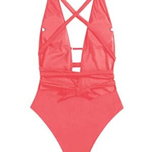 SweatyRocks Women's Sexy Basic Criss Cross Tie Knot Front Deep V Open Back One Piece Swimwear Watermelon Pink S