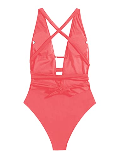 SweatyRocks Women's Sexy Basic Criss Cross Tie Knot Front Deep V Open Back One Piece Swimwear Watermelon Pink S