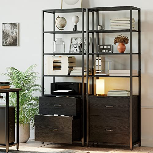 IRONCK Industrial Bookcase with File Cabinet Drawers, 71.6 in Tall Bookshelf 5 Tier, Freestanding Storage Home Office Cabinet Organizer, Rustic Home Decor, Black