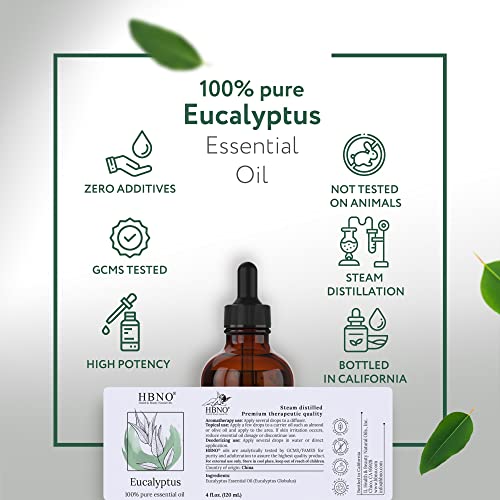 HBNO Eucalyptus Essential Oil 4 oz (120 ml) - 100% Pure & Natural Eucalyptus Essential Oil for Diffuser - Eucalyptus Oil Essential Oil for Soothing Massage - Eucalyptus Oil for Skin Smooth & Clear