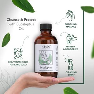 HBNO Eucalyptus Essential Oil 4 oz (120 ml) - 100% Pure & Natural Eucalyptus Essential Oil for Diffuser - Eucalyptus Oil Essential Oil for Soothing Massage - Eucalyptus Oil for Skin Smooth & Clear